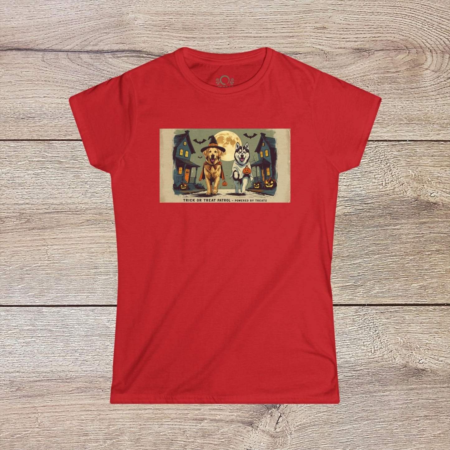 Unisex Softstyle Trick Or Treat T-Shirt in vibrant red showcasing a whimsical Halloween design with a dog and cat, made from soft 100% ring-spun cotton for all-day comfort.