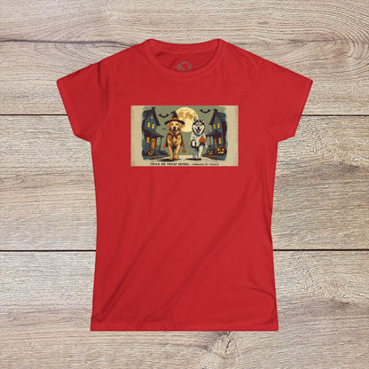 Unisex Softstyle Trick Or Treat T-Shirt in vibrant red showcasing a whimsical Halloween design with a dog and cat, made from soft 100% ring-spun cotton for all-day comfort.