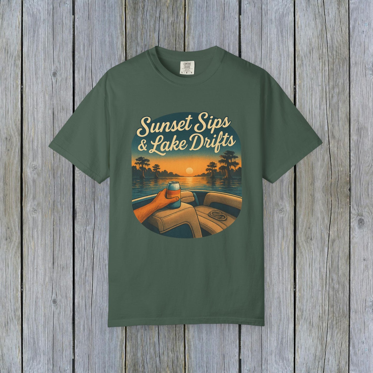 Lake Drifts T-Shirt in olive green highlighting a sunset scene, perfect for outdoor adventures.