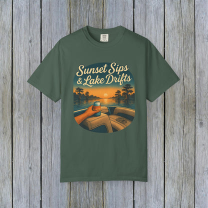 Lake Drifts T-Shirt in olive green highlighting a sunset scene, perfect for outdoor adventures.