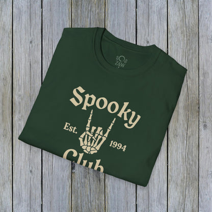 Unisex Spooky Club Tee in green, featuring a bold skeleton hand design and 'Spooky Club Est. 1994' lettering, crafted from soft and durable 100% cotton.