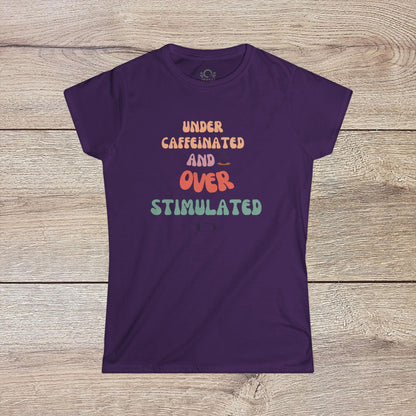 Dark purple Under-Caffeinated Over-Stimulated Hoodie with vibrant text design, ideal for relaxed outfits.