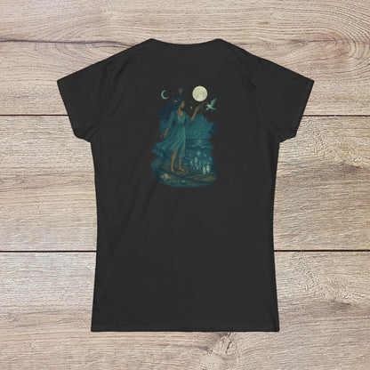 Moon Child T-Shirt - Soft Slim-Fit Tee for Dreamers featuring a mystical design of a woman beside the moon, perfect for those who embrace their whimsical side.