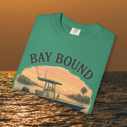 Front view of the Bay Bound T-Shirt featuring a scenic design, ideal for summer boating adventures - Soft Cotton Casual Tee for fishing and beach lovers, sizes S-4XL.