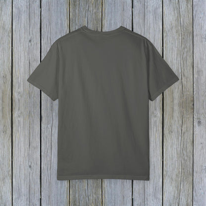 The back view of the Unisex Garment-Dyed Lake Rules Tee in dark gray, showing its minimalist style and comfortable fit for all-day wear.