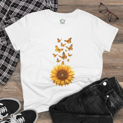 Casual setting showcasing the Sunflower & Butterflies Cotton Tee for Women, paired with jeans and plaid for a trendy outfit that highlights nature-inspired designs.