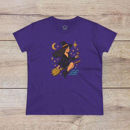 Witchy Night Out Tee in deep purple featuring a charming witch in flight, complete with cosmic accents, crafted from ethically made, 100% ring-spun cotton for a stylish fit.