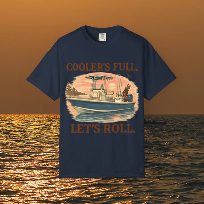 Men's & Women's Durable Cotton Full Tee in navy blue displaying a fishing boat and 'Cooler's Full. Let's Roll.' slogan. Soft and seamless, sizes range from S to 4XL.