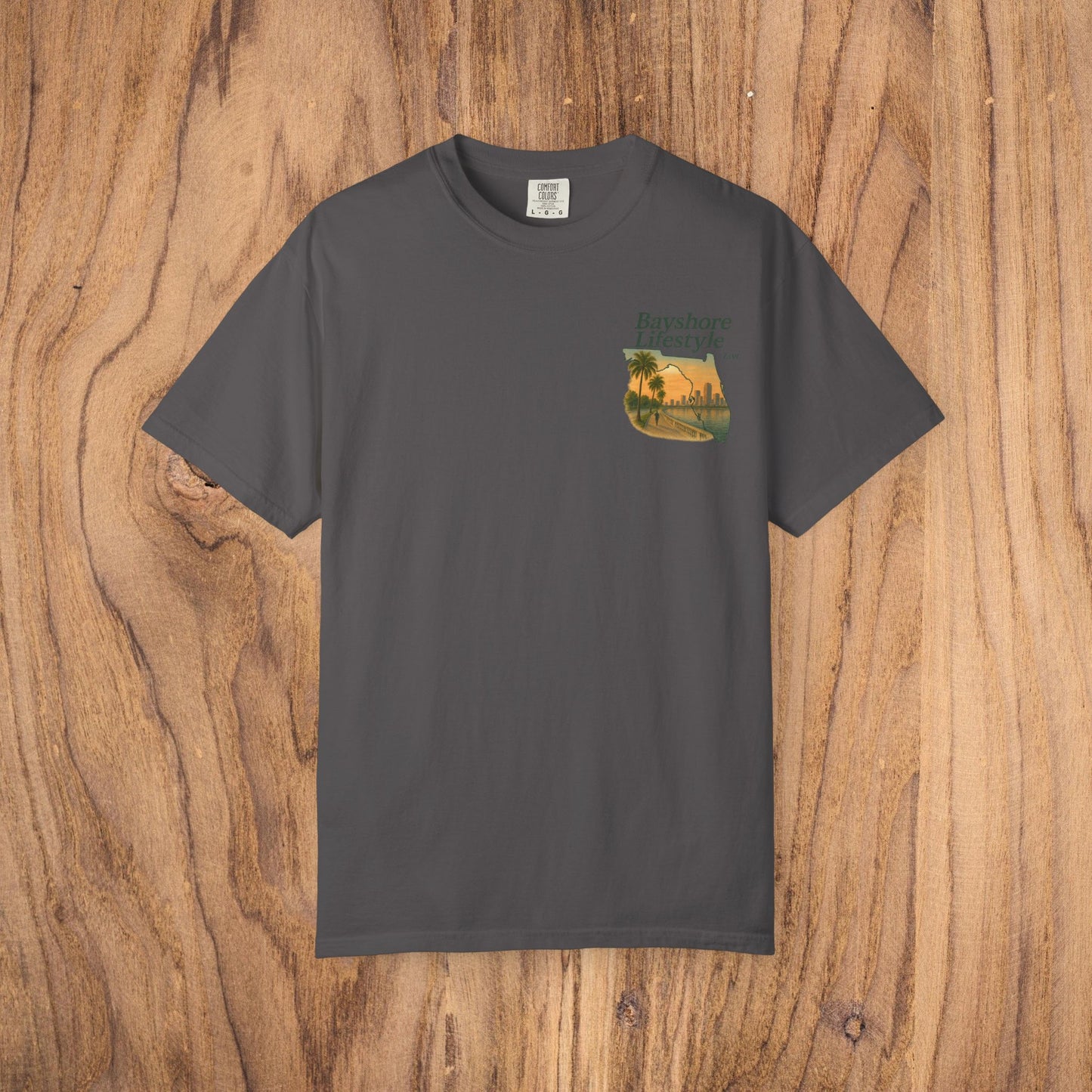 Bayshore Lifestyle Tee in deep gray color, showcasing a stylish palm tree design, crafted from soft 100% cotton lightweight fabric. Sizes range from XS to 5XL.