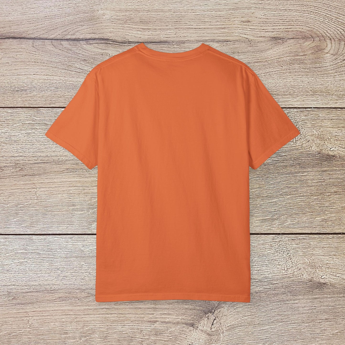 Back view of an orange Men's Golden Tee, a soft and durable cotton t-shirt with a ribbed collar, great for any casual occasion.