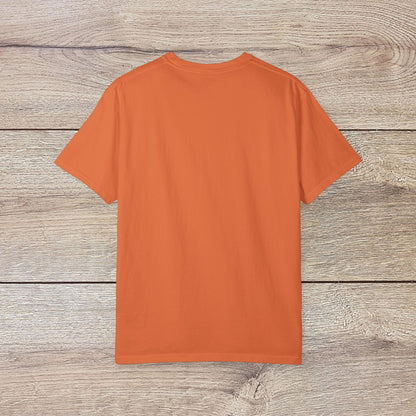 Back view of an orange Men's Golden Tee, a soft and durable cotton t-shirt with a ribbed collar, great for any casual occasion.