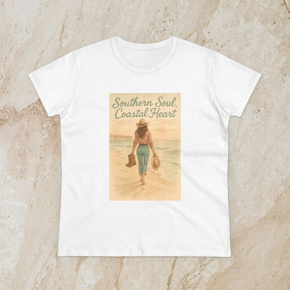 Southern Soul Coated Heart Tee in white color, featuring a vintage illustration of a woman walking along the shore, perfect for casual and beach lovers.