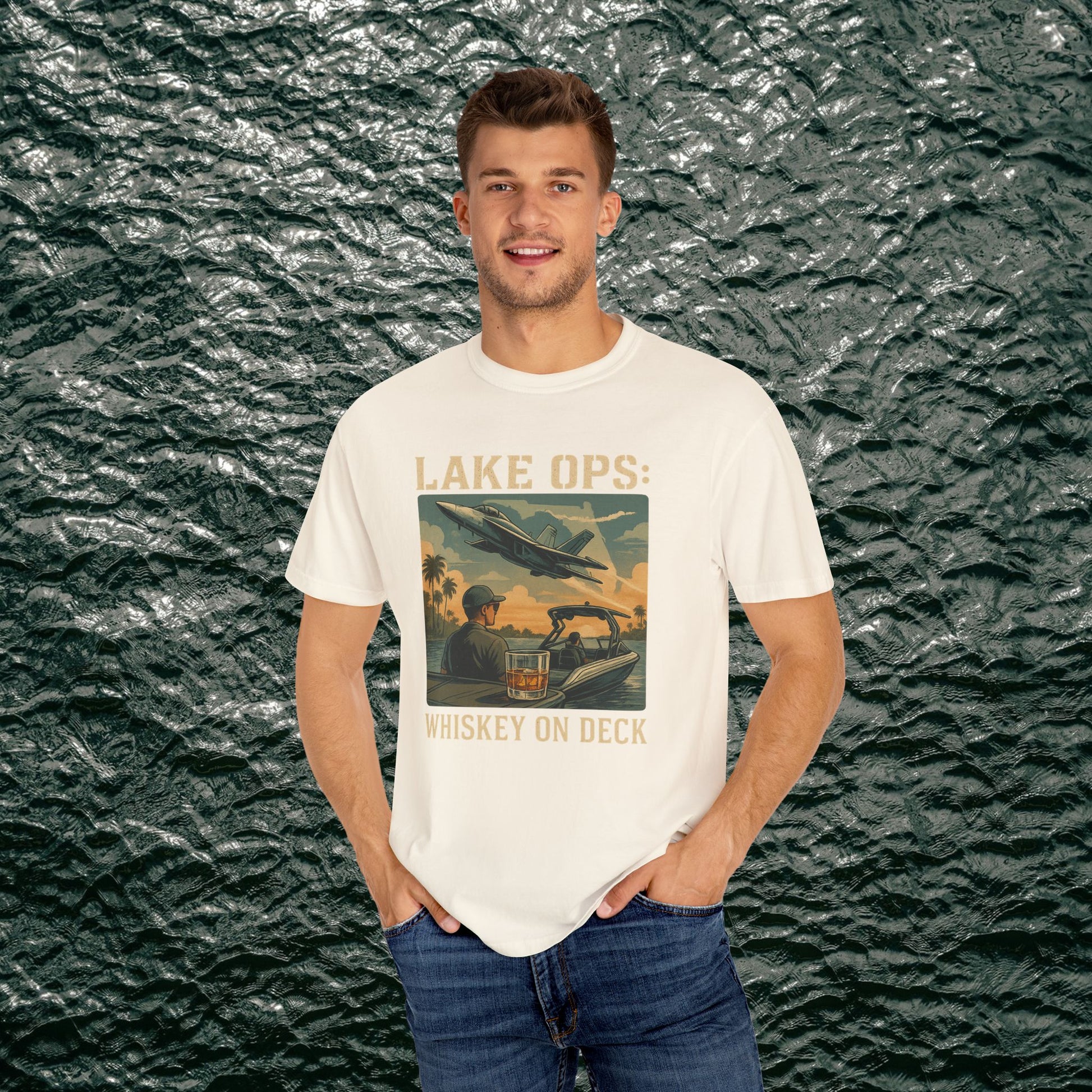 Garment-Dyed Comfort Tee for Adults showcasing Lake Ops Whiskey on Deck artwork in white, made from 100% ring-spun cotton. Sizes S-4XL available, versatile for various occasions.