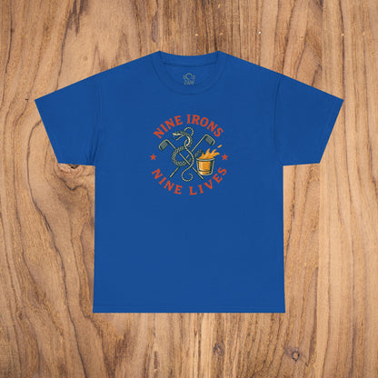 Golf-Themed 100% Cotton T-Shirt in blue color showcasing 'Nine Irons Nine Lives' graphic, an ideal casual wear option for golf enthusiasts and a unique gift for fathers.