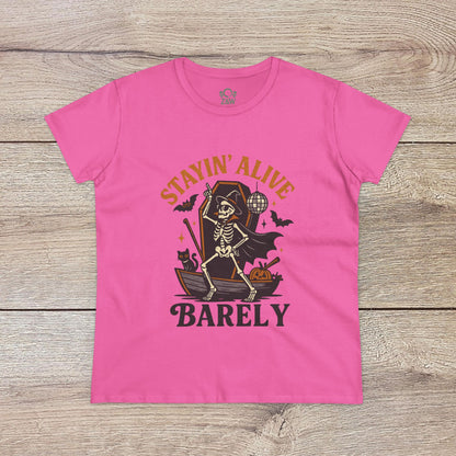 Stayin’ Alive T-Shirt in pink featuring a skeleton pirate design, perfect for Halloween casual wear.