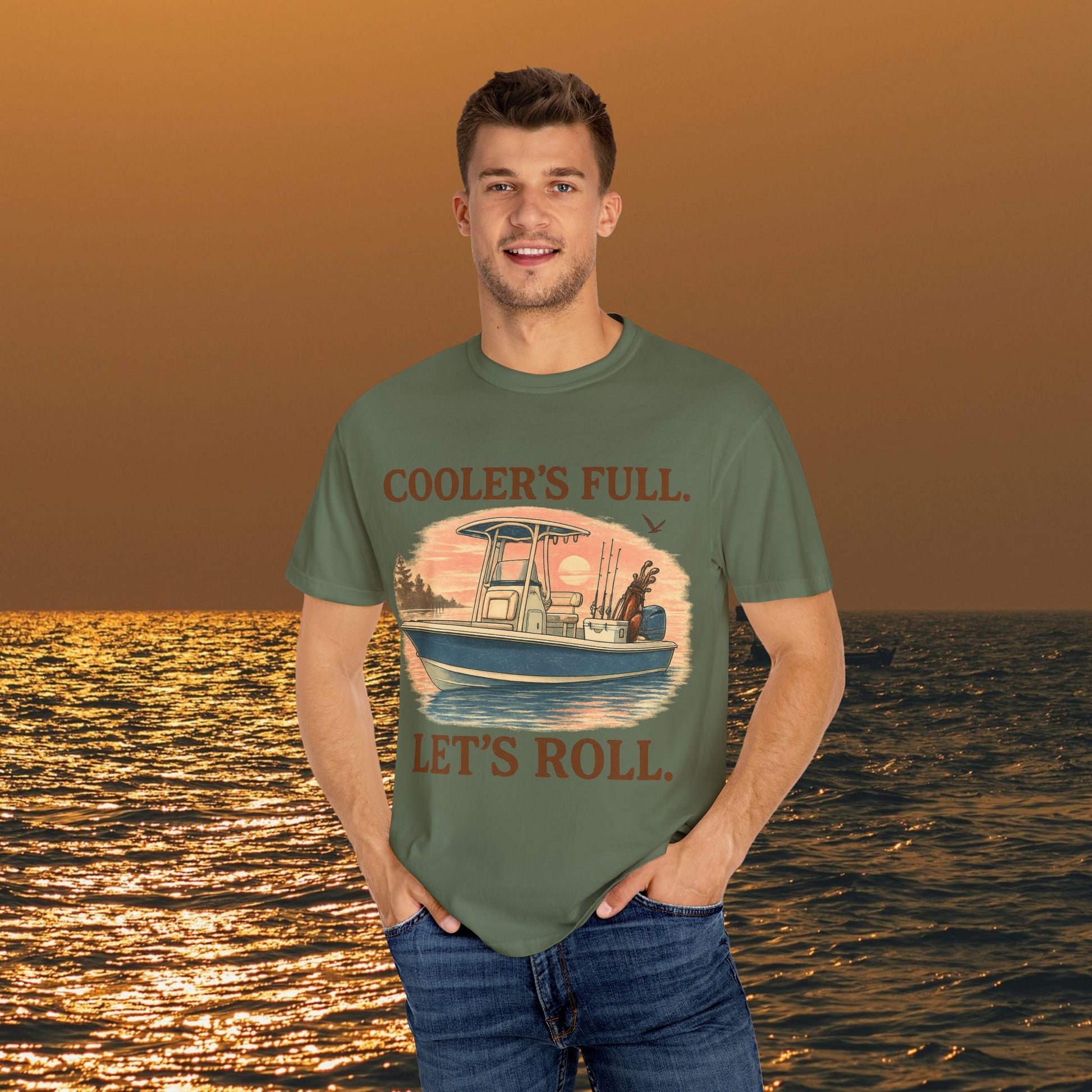 Men's & Women's Durable Cotton Full Tee in green worn by a model, featuring the design 'COOLER'S FULL. LET'S ROLL.' Great for casual outings or fishing trips.