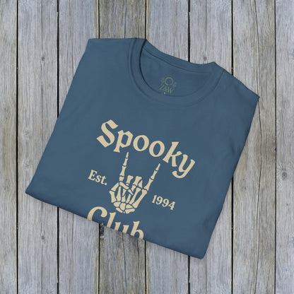 Unisex Spooky Club Tee in blue, showcasing a skeleton hand graphic and 'Spooky Club Est. 1994' text, made of 100% soft and durable cotton.