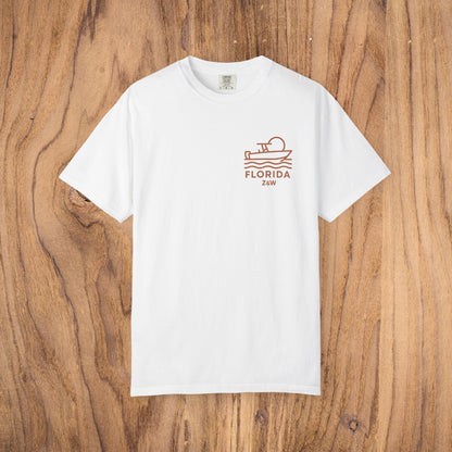 Unisex Florida Graphic Tee in classic white, made from garment-dyed soft US cotton, perfect for everyday casual style, sizes S to 4XL.
