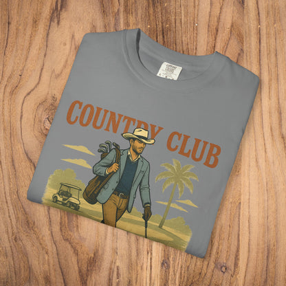 Front view of Country Club Cowboy Graphic Tee in gray, showcasing a stylish cowboy graphic, smooth fabric, and comfort.