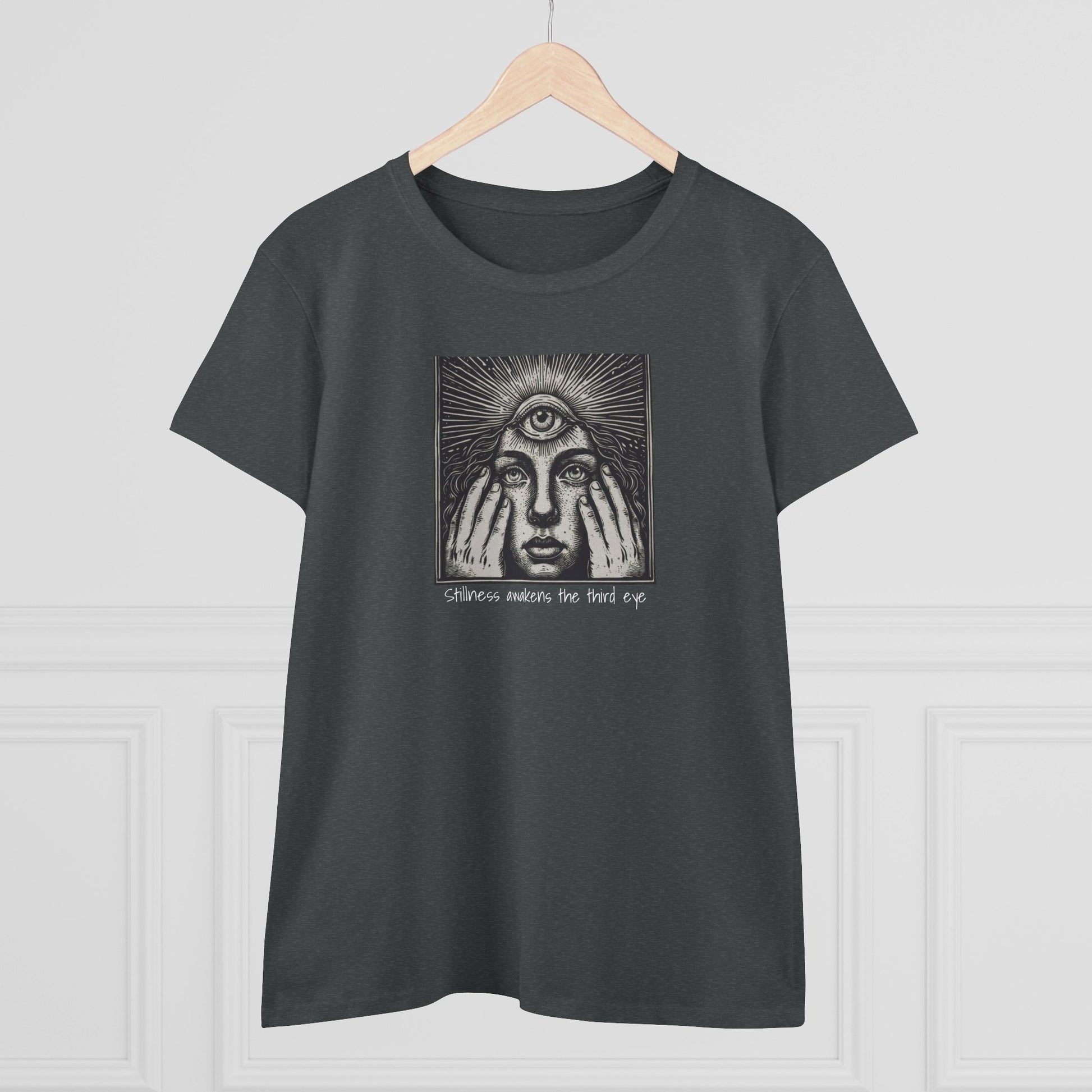 Front view of the Stylish Third Eye Graphic Tee in dark grey, displaying an eye-catching graphic design ideal for trendy outfits.