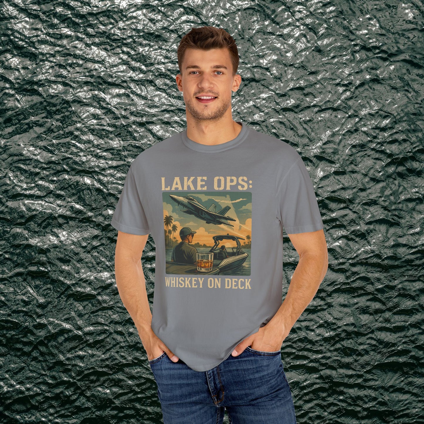 Garment-Dyed Comfort Tee For Adults showcasing 'Lake Ops: Whiskey on Deck' graphic design. Made from 100% ring-spun cotton, available in sizes S-4XL and 58 vibrant colors, perfect for casual outings.