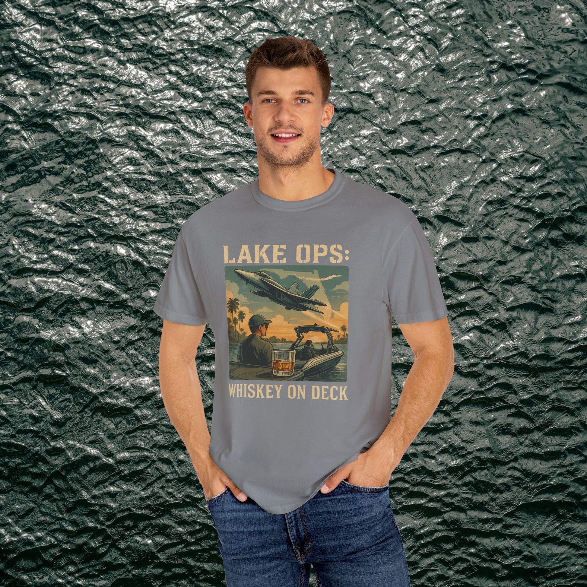 Garment-Dyed Comfort Tee For Adults showcasing 'Lake Ops: Whiskey on Deck' graphic design. Made from 100% ring-spun cotton, available in sizes S-4XL and 58 vibrant colors, perfect for casual outings.