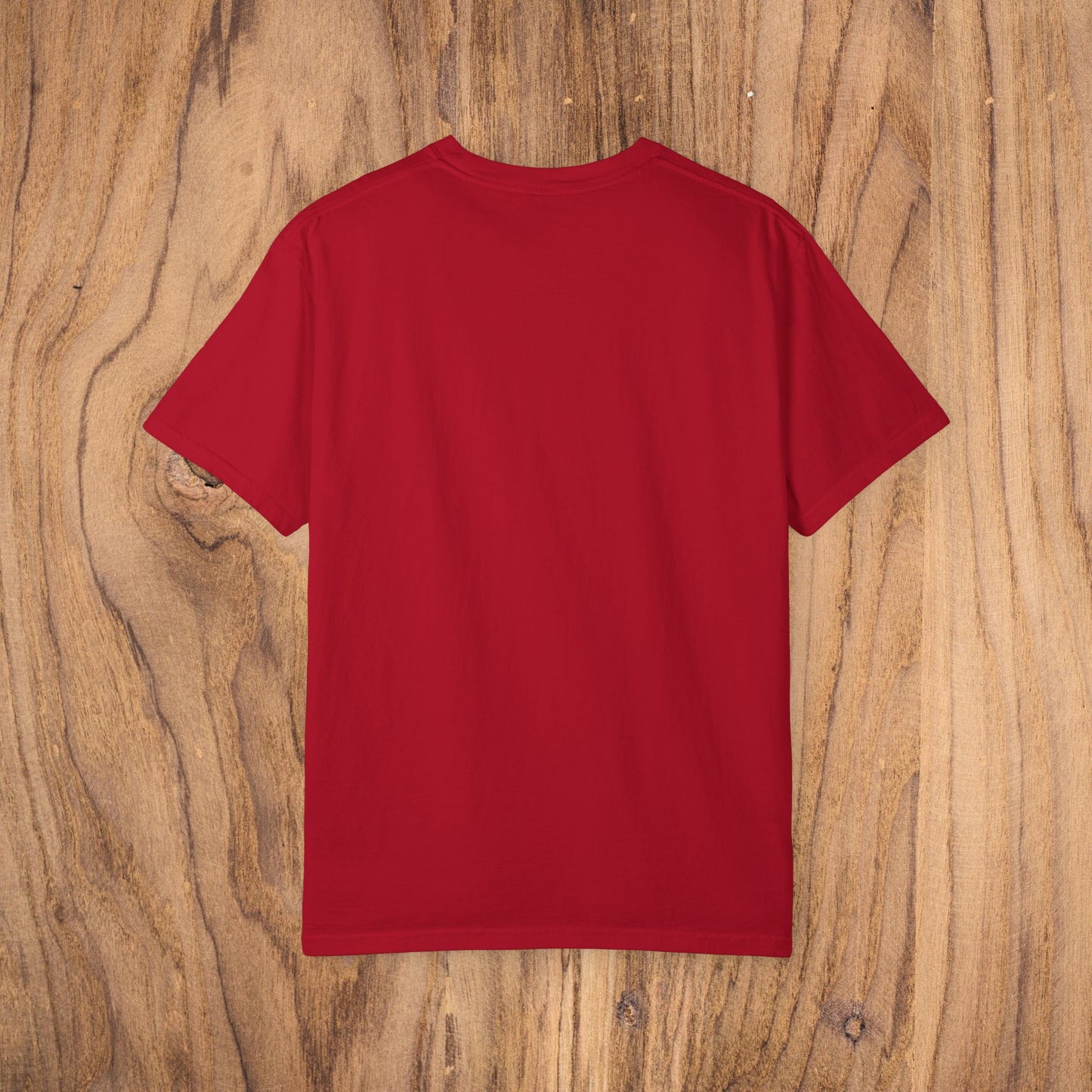 Back view of the Unisex Sunset Palm Tree T-Shirt in red, emphasizing its classic style and relaxed fit, perfect for any casual occasion.