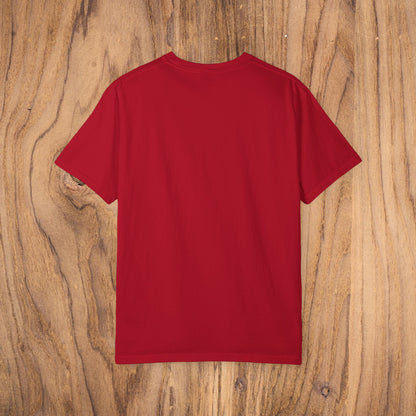 Back view of the Unisex Sunset Palm Tree T-Shirt in red, emphasizing its classic style and relaxed fit, perfect for any casual occasion.