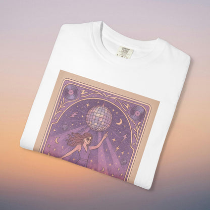 Groove Tarot Graphic Tee in classic white, made from 100% ring-spun cotton, highlighting an enchanting graphic of a disco ball surrounded by stars, versatile for any casual occasion.