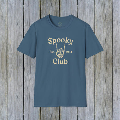 Unisex Spooky Club Tee in blue, crafted from soft 100% cotton, featuring a skeleton hand graphic and 'Spooky Club Est. 1994' text, perfect for Halloween style.