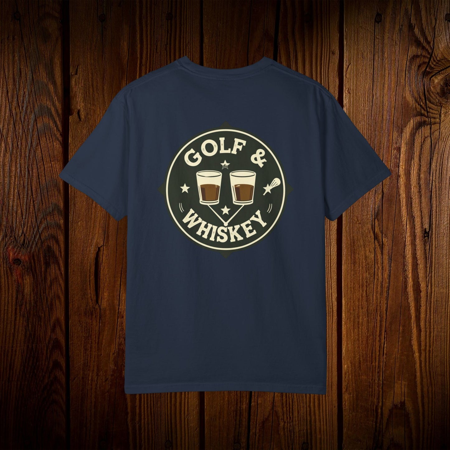 Men's Golf & Whiskey Tee showcasing a stylish back print with golf and whiskey graphics, ideal for casual, eco-friendly fashion.