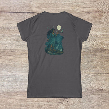 Moon Child T-Shirt - Soft Slim-Fit Tee for Dreamers in gray, featuring an enchanting design of a woman reaching for the moon, ideal for dreamers.
