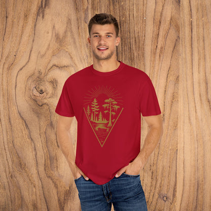 Nature Outdoor Vibes Tee showcased on a male model, made of soft 100% US cotton, featuring a vibrant red color with nature-themed graphics, available in sizes S-4XL.