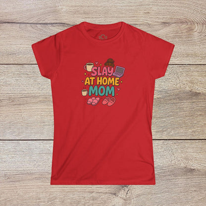 Slay At Home Mom T-Shirt in red color showcasing a playful graphic design with coffee and slippers, made from soft cotton, available in sizes S-4XL.