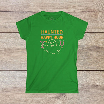 Haunted Happy Hour T-Shirt in vibrant green, highlighting a whimsical ghost with cocktails graphic, great for Halloween festivities and eco-friendly apparel.