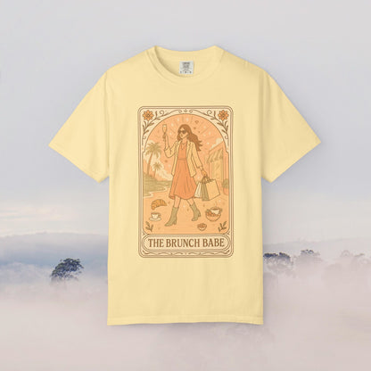 Brunch Babe Tarot Graphic Tee in yellow, created from high-quality 100% cotton, illustrating unique artwork, perfect for casual outfits, sizes S-4XL available.