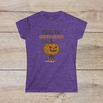 Gourd-geous Halloween Pumpkin T-Shirt in purple, designed with a chic pumpkin graphic in heels, perfect for trendy fall apparel.