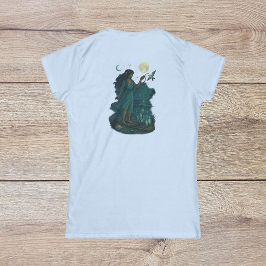 Moon Child T-Shirt featuring a whimsical design of a woman under the moonlight, perfect for dreamers and casual wear. Ideal gift for every occasion.