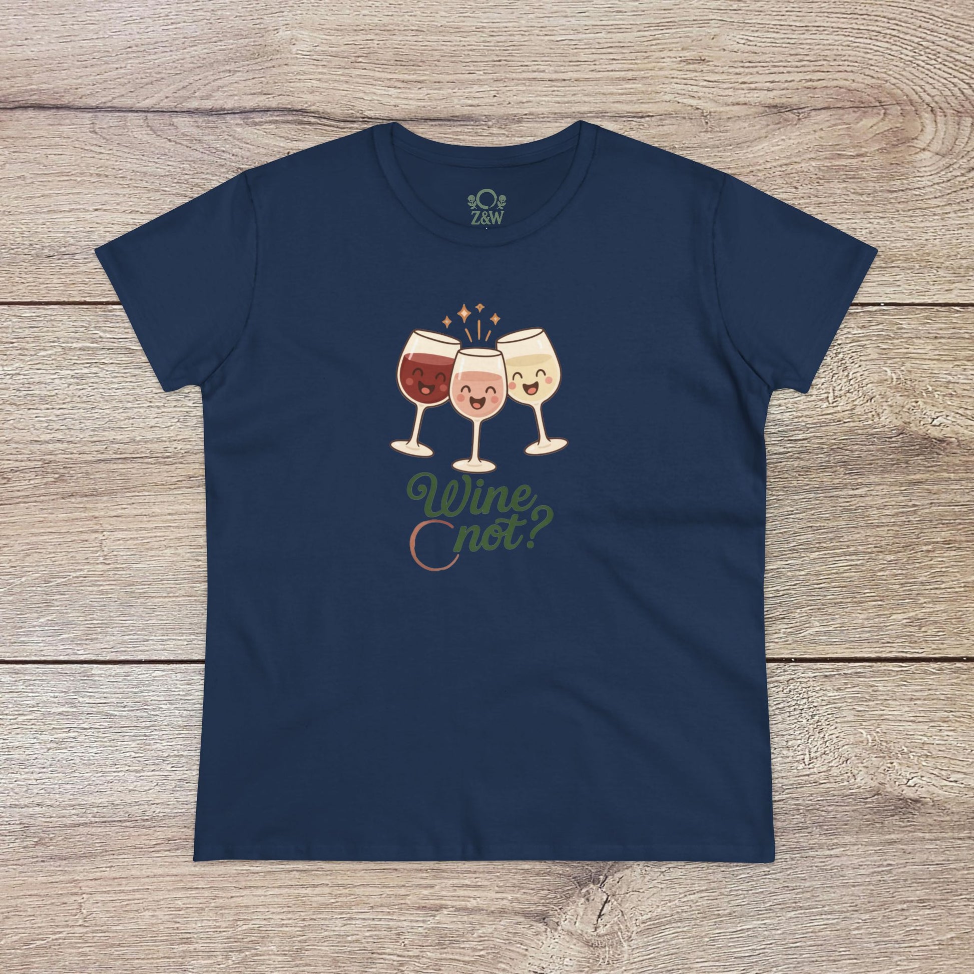 Wine Not Tee in deep navy blue showcasing three happy wine glasses. Constructed from 100% ring-spun cotton, ethically produced for comfort.