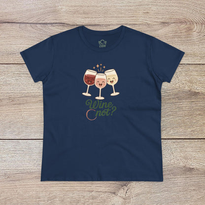 Wine Not Tee in deep navy blue showcasing three happy wine glasses. Constructed from 100% ring-spun cotton, ethically produced for comfort.