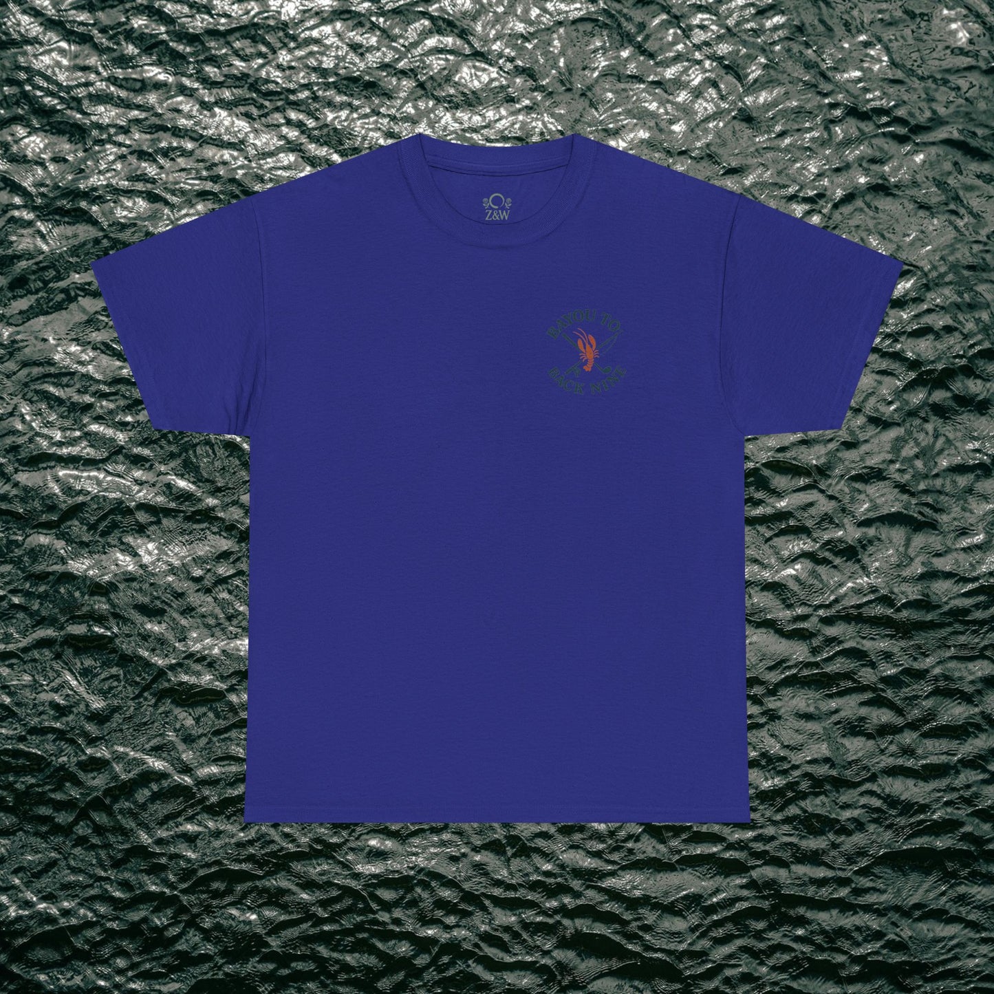 Bayou To Back Nine Softstyle Golf Tee in vibrant blue color, featuring a unique design and comfortable cotton material, perfect for casual outings and relaxed gatherings.