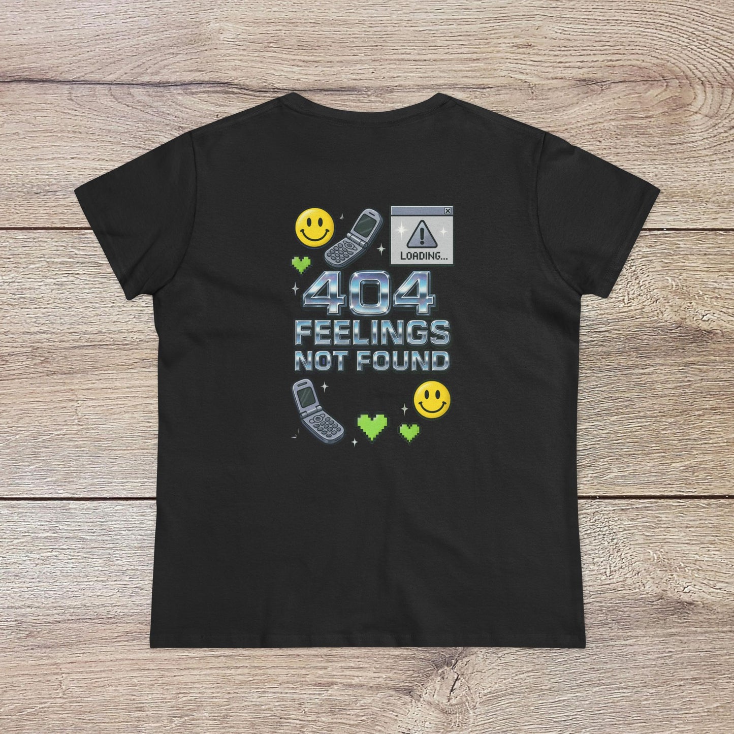 404 Y2K Graphic T-Shirt in black displaying a vibrant '404 FEELINGS NOT FOUND' graphic with smiley faces and retro phone designs. A perfect statement piece for Y2K fashion lovers.