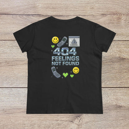 404 Y2K Graphic T-Shirt in black displaying a vibrant '404 FEELINGS NOT FOUND' graphic with smiley faces and retro phone designs. A perfect statement piece for Y2K fashion lovers.