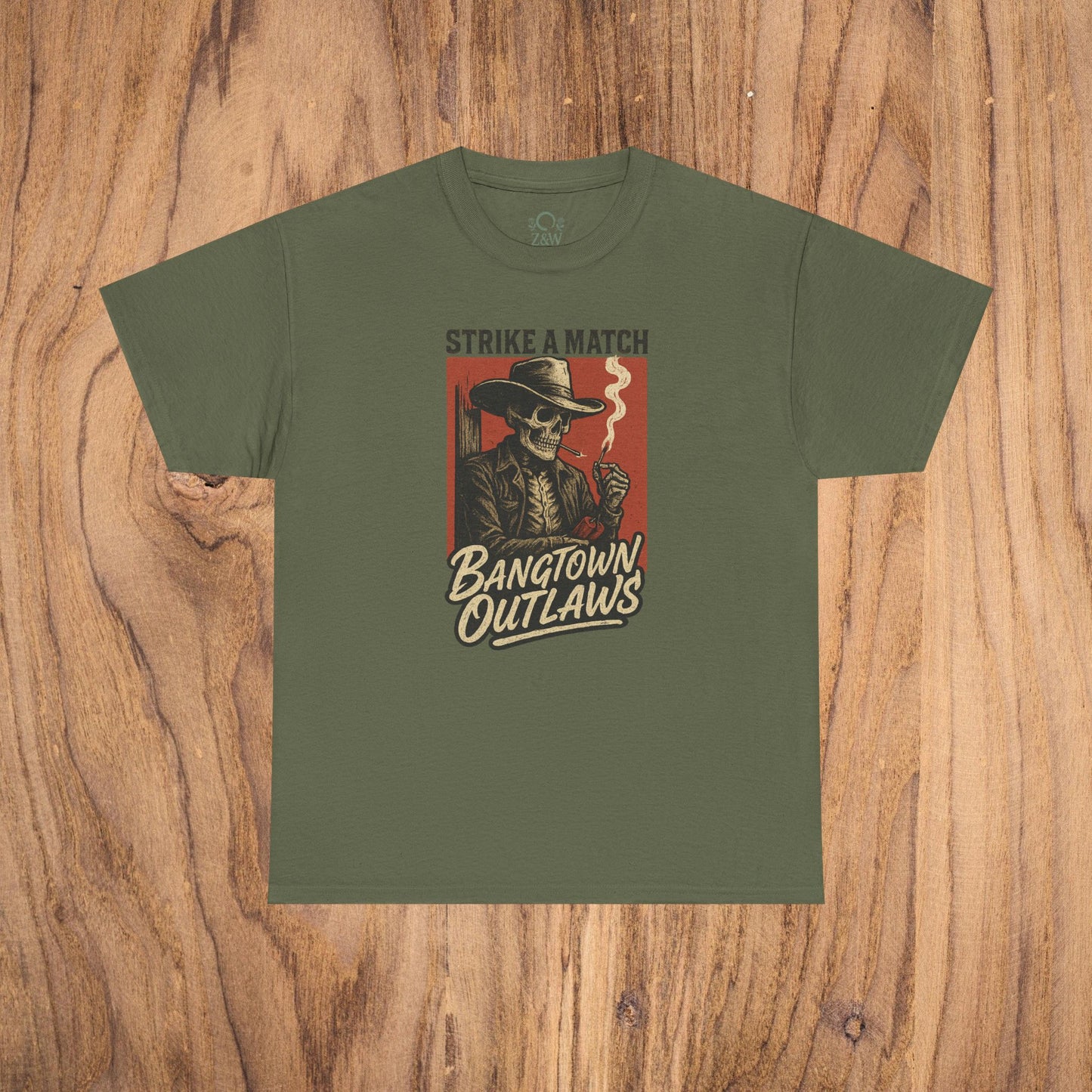 Bangtown Outlaws Retro Casual Party Shirt - Unisex Cotton Tee in olive green, showcasing a bold graphic design with a skeleton, ideal for casual wear at gatherings.