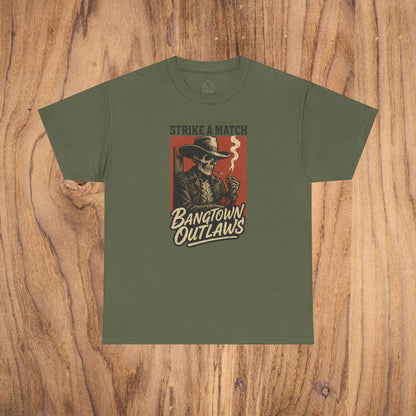 Bangtown Outlaws Retro Casual Party Shirt - Unisex Cotton Tee in olive green, showcasing a bold graphic design with a skeleton, ideal for casual wear at gatherings.