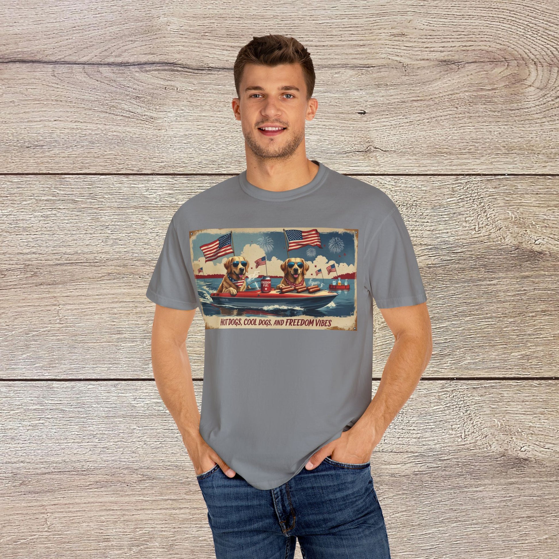 Men's Golden Tee featuring a comfortable cotton t-shirt design, showcasing a playful illustration of dogs on a boat, perfect for summer vibes and casual wear.