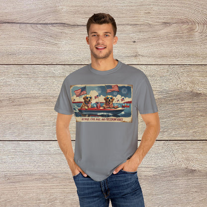 Men's Golden Tee featuring a comfortable cotton t-shirt design, showcasing a playful illustration of dogs on a boat, perfect for summer vibes and casual wear.