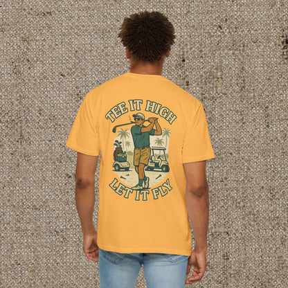 Back view of the Tee It High Let It Fly Graphic Tee in yellow, featuring a playful golf-themed graphic design, perfect for casual wear.
