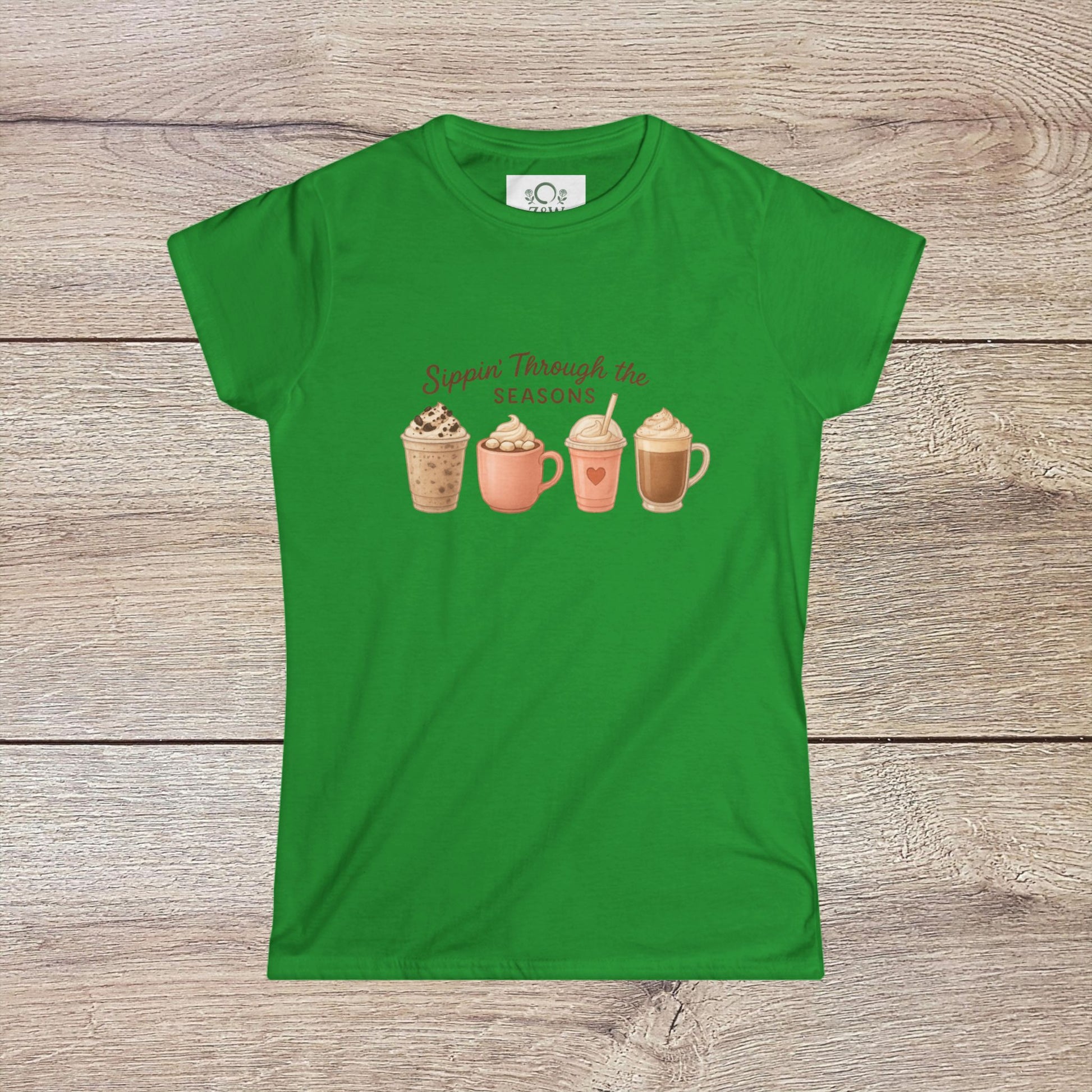Sippin' Through The Seasons Slim Fit Tee in fresh green color, decorated with seasonal beverage graphics, made from lightweight 100% combed cotton.