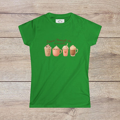 Sippin' Through The Seasons Slim Fit Tee in fresh green color, decorated with seasonal beverage graphics, made from lightweight 100% combed cotton.